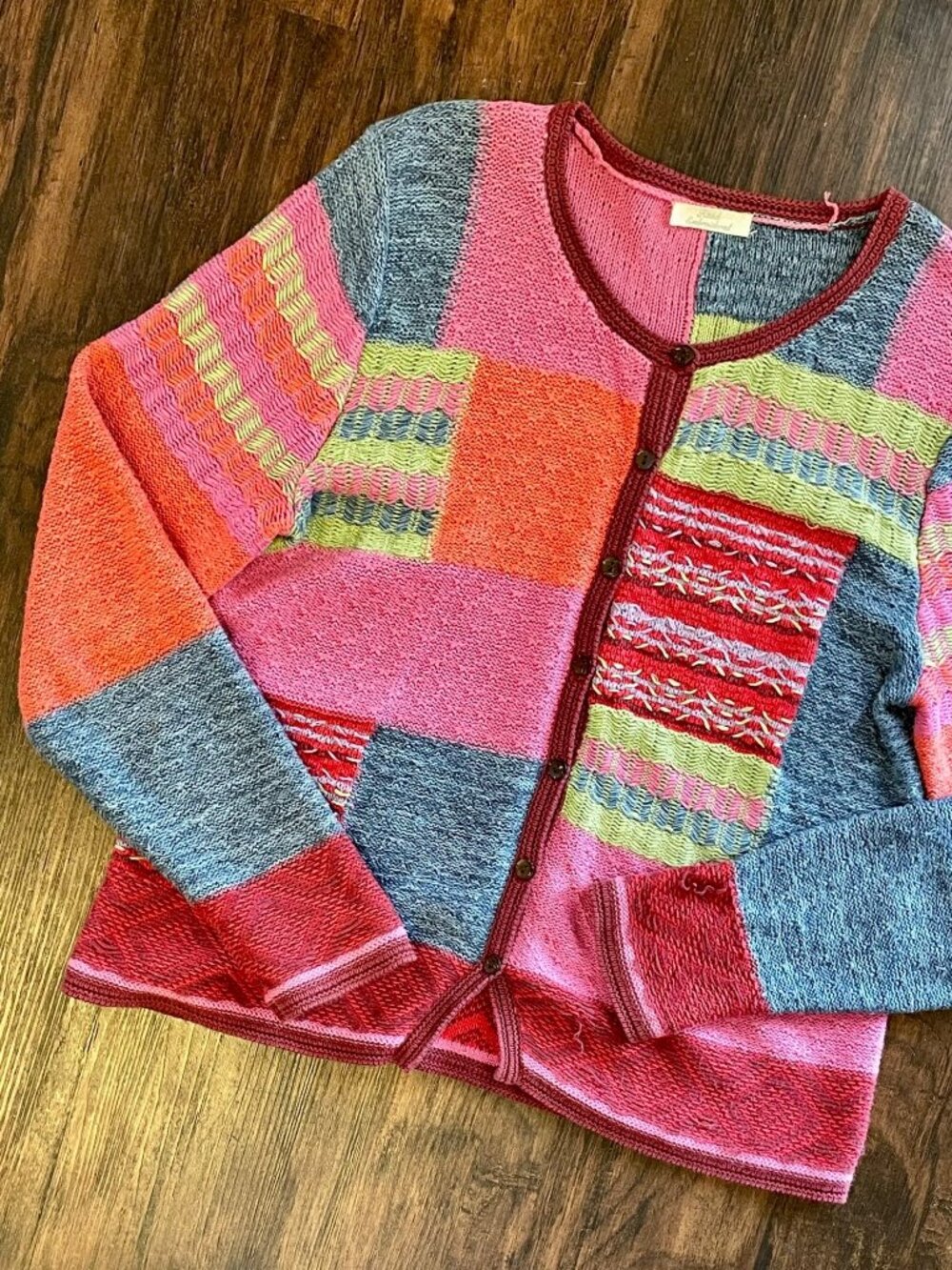 Vintage 1990s Colorful Hand Knit Patchwork Embroidered 3D Knit Cardigan Sweater - Picture 2 of 13